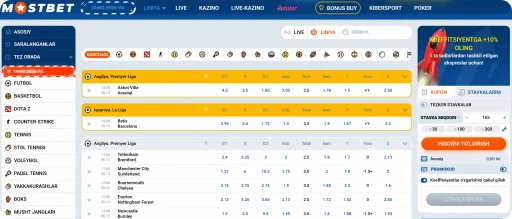 Mostbet sport stavkalari interfeysi